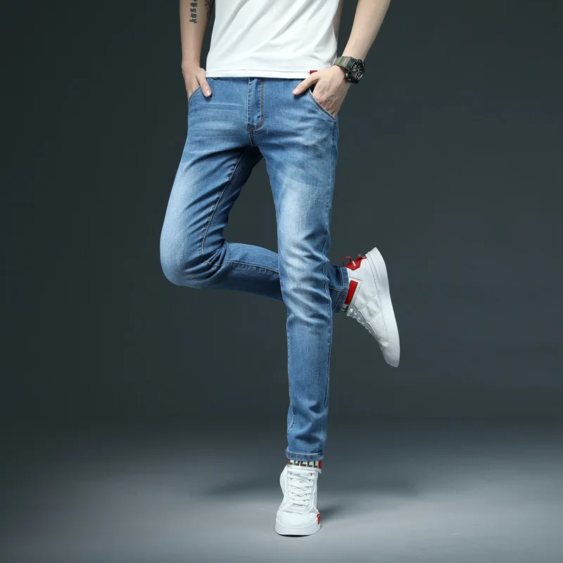 Celana Jeans Skinny Elastis Pria 7 Warna Celana Panjang Denim Slim Fit Kasual Fashion Celana Panjang Denim Pria Biru Hijau Hitam Khaki Putih Merek Pria