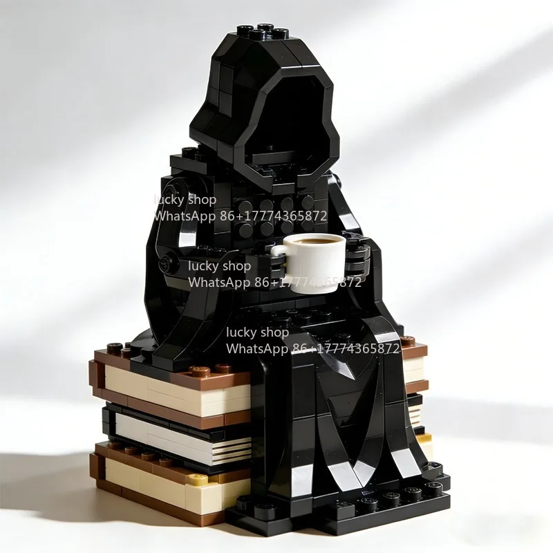 

Mysterious Black Robe Figure Ornament, Holding Coffee with Stacked Books Design, Hand Assembled Desktop Art Decor