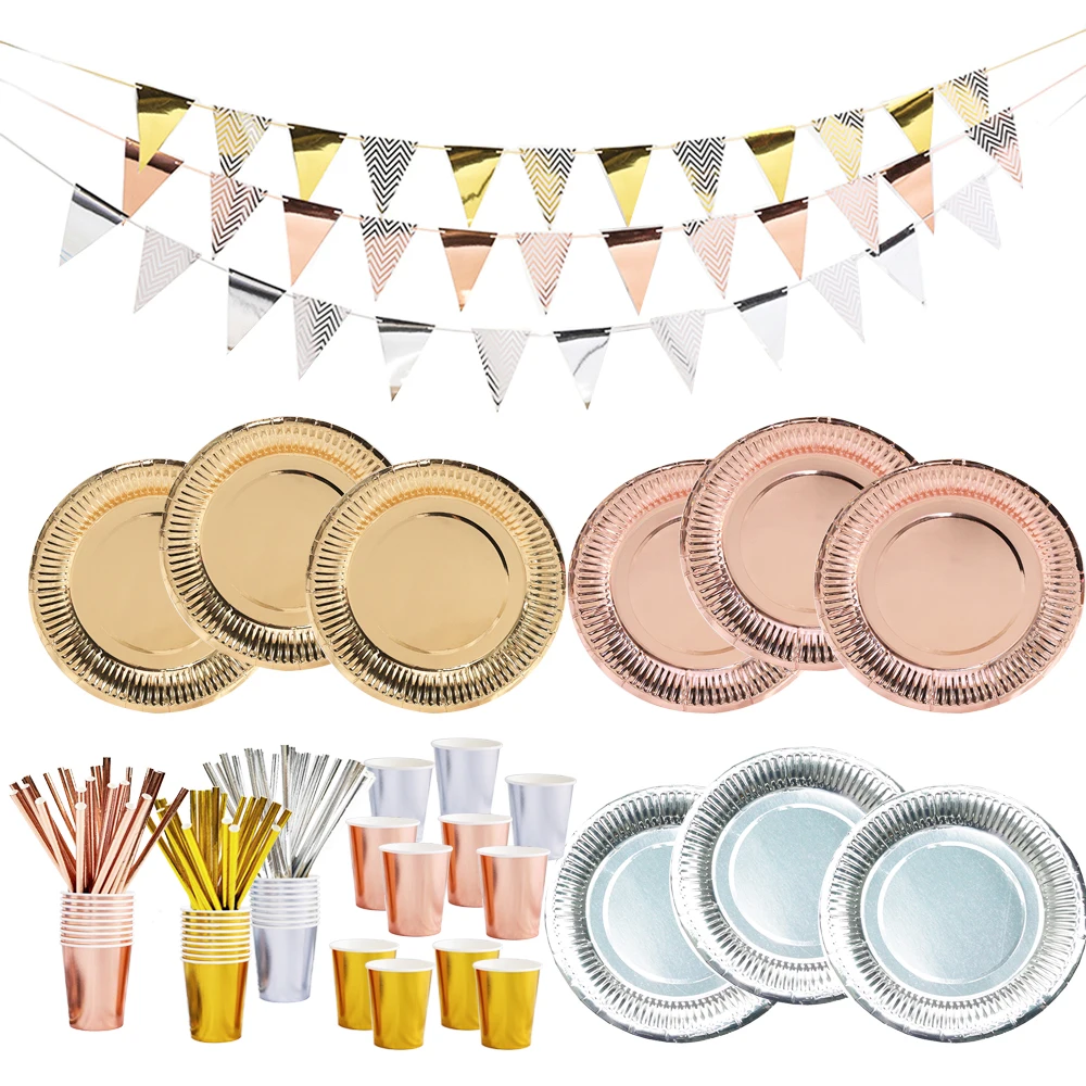 Gold Disposable Tableware Set Rose Gold Paper Plates Cups Napkins Banner Wedding Birthday Party Decoration Supplies