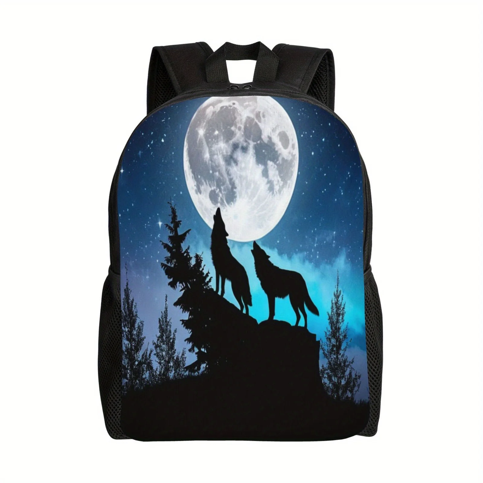 

Lightweight Full-Moon Night Growling Wolf Print Backpack - Spacious Interior, Perfect for Young Men and Womens Commute