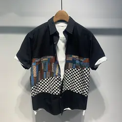2024 New Summer Fashion Print Patchwork Versatile Trend Loose Personality Flip Collar Contrasting Short Sleeved Shirt for Men
