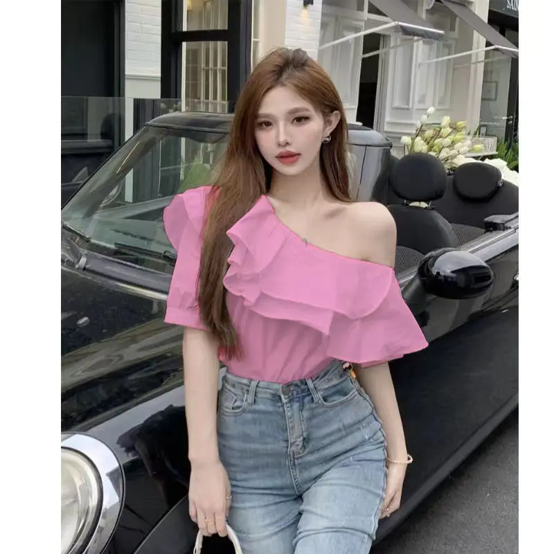 New Black Ruffles Patchwork Short Sleeve Blouse Summer New Solid Off Shoulder Y2K Shirt Tops Sexy Fashion Trend Women Clothing