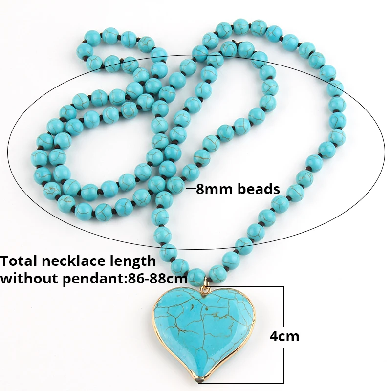 Fashion Bohemian Jewelry Accessory 8mm Blue Stones Knotted With Stone Heart Pendant Necklaces For Women Boho Necklace