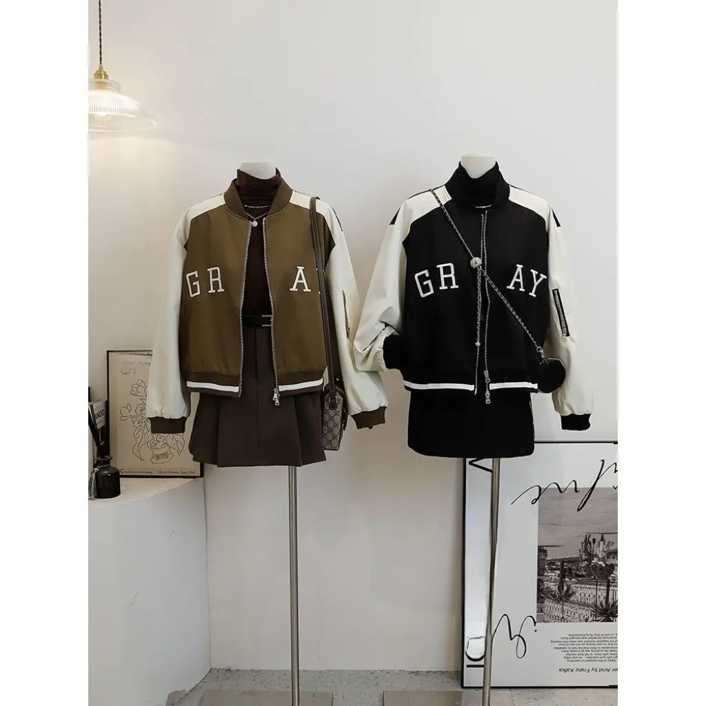

Women's Color-Blocked Baseball Uniform Short Jacket Trendy Loose Fit for Spring & Fall New Style by American Designer