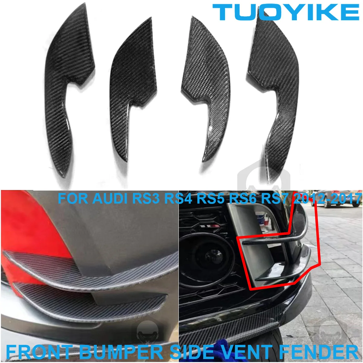 2PCS Real Carbon Fiber Front Bumper Side Vent Fender Splitter Air Intake Decoration Cover For AUDI RS3 RS4 RS5 RS6 RS7 2012-2017