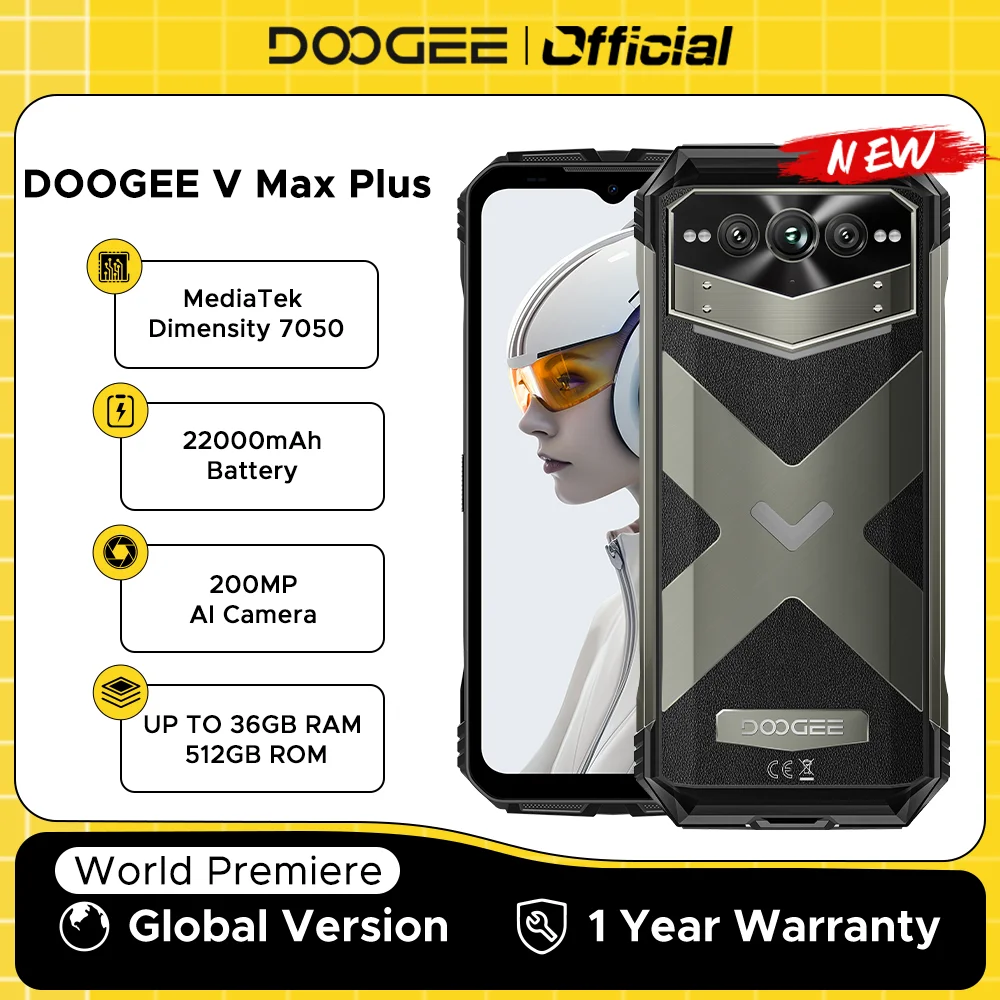 DOOGEE V Max Plus Rugged Phone 36GB(16+20) 512GB 22000mAh 200MP Camera Phone 6.58