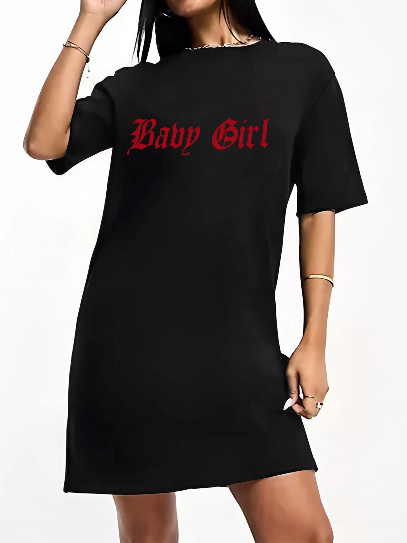 Summer Women\'s Loose Casual Baby Girl Short-Sleeved Red Letter Printed Pattern Round Neck Mid-Length T-Shirt Dress