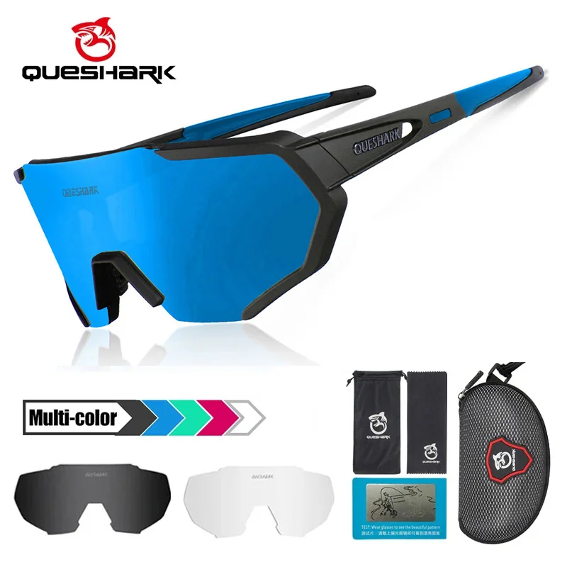 QUESHARK Women Men Big Frame HD Polarized 3 Lens Set Cycling Sunglasses Sports MTB Bicycle Eyewear Riding Road Bike Glasses