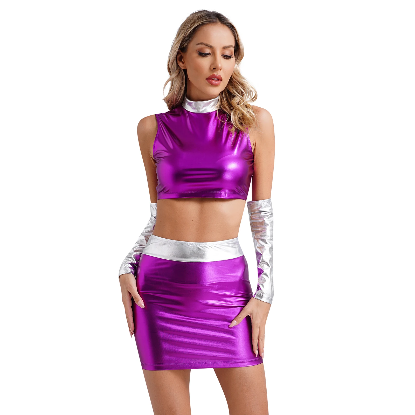 Womens Sexy Spaceman Cosplay Costume Alien Robot Role Play Themed Party Clubwear Sleeveless Crop Top with Mini Skirt Oversleeve