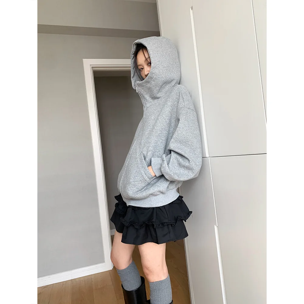 Korean Loose Silhouette Hooded Sweatshirt Jacket For Women Loose And Casual Thick And Lazy Style Zipper Top