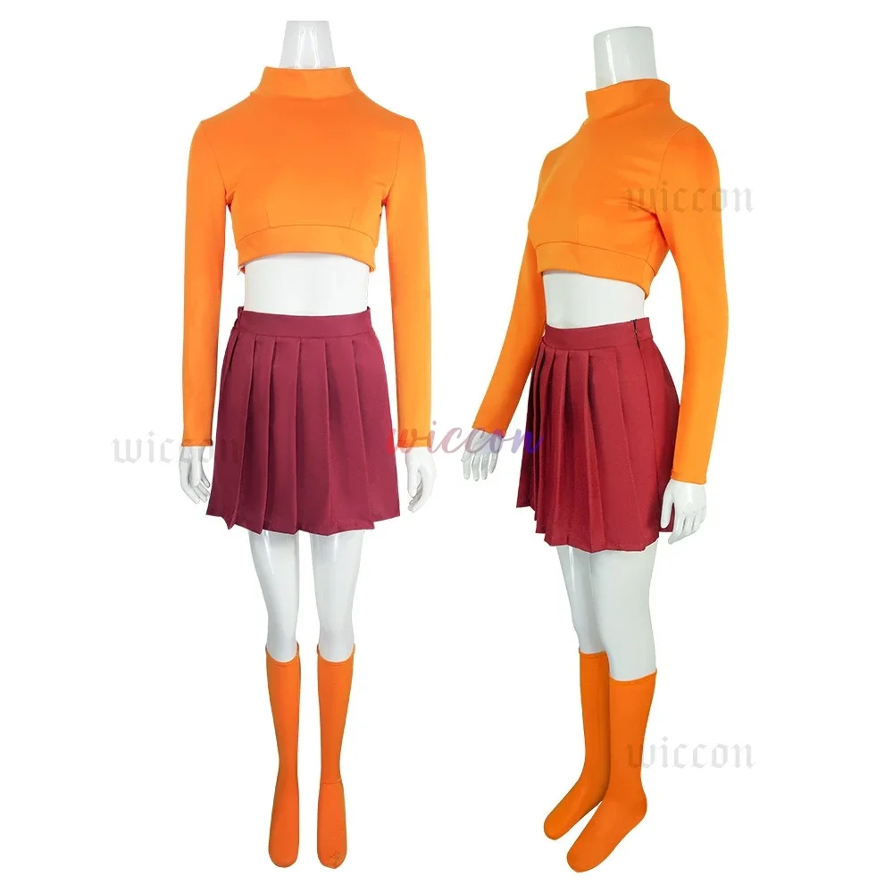 CosplayAnime Velma Seragam Cosplay Kostum Orange Short Skirt Uniform Wanita Oranye Kaus Kaki Rok Atas Halloween Party Carnival S