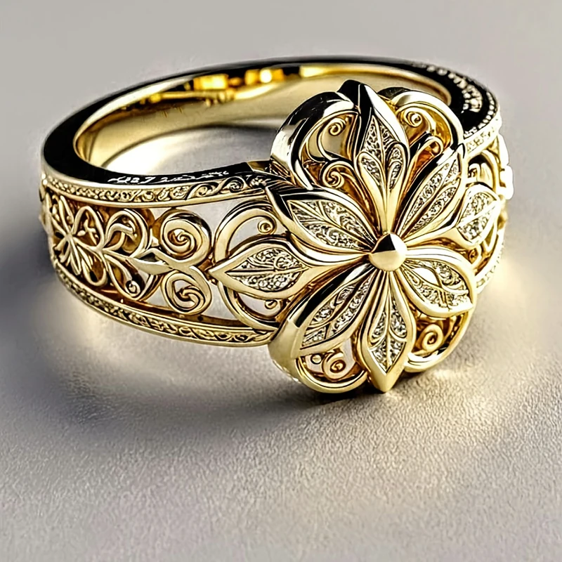 Huitan Wunderschöner Damenring, ästhetisches Blumen-Gravur-Design, trendiges Zubehör für Party, Hochzeit, bezaubernder, schicker Schmuck, Geschenk für Damen – Detail 2