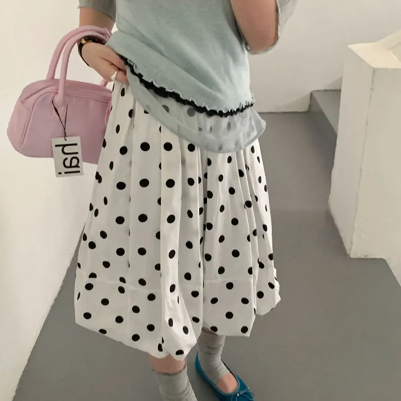 

Women's Spring New Arrival Polka Dot Loose Flared Midi Skirt with Elastic Waist for Commute
