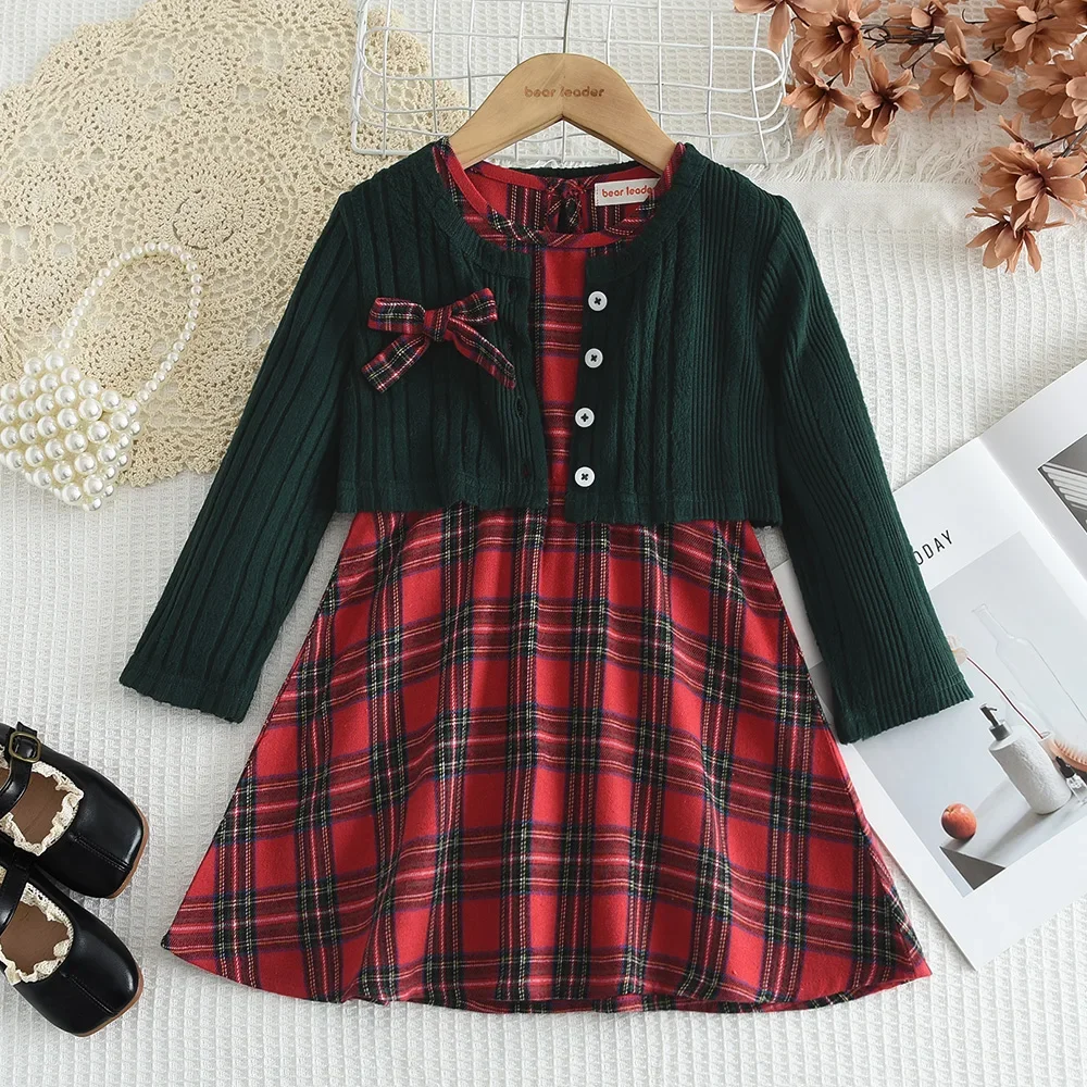 2025 New European and American Christmas Elements Girls' Set Green Cardigan+Red Checkered Christmas Dress 2P Christmas Dress Set