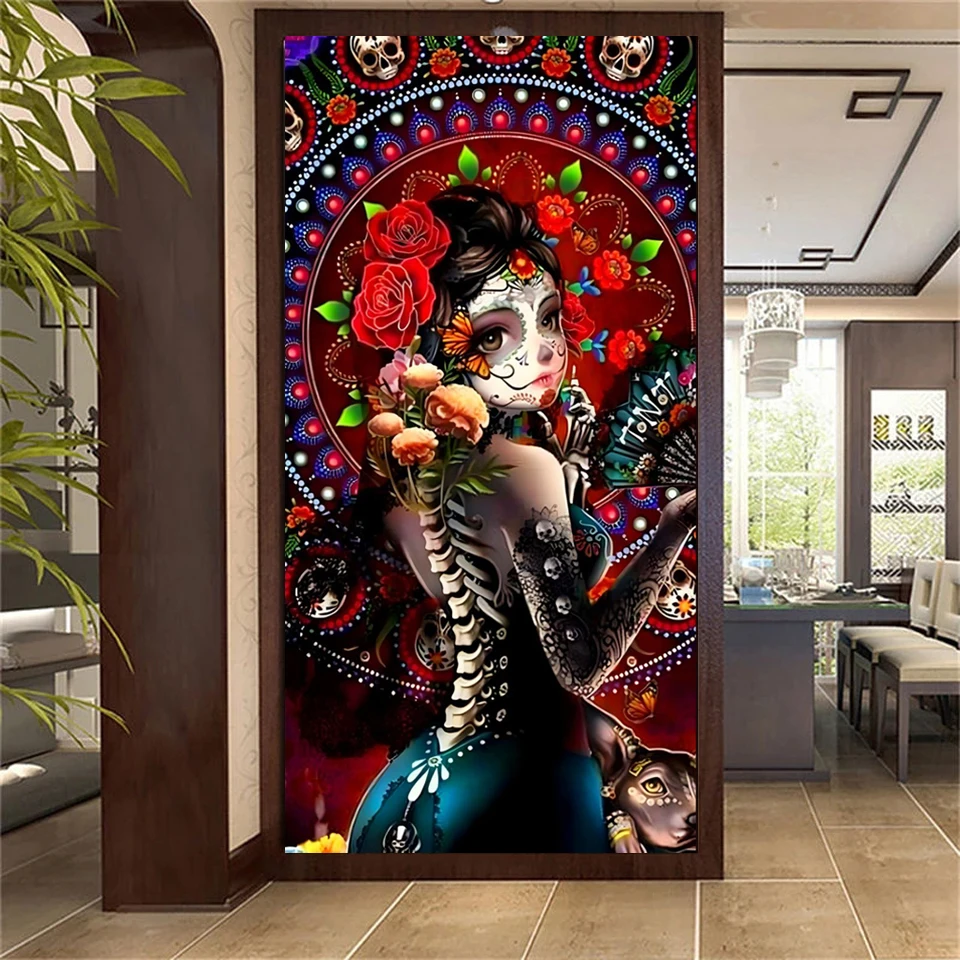 Large 5d Diy Diamond Painting Girl Skull Face Diamond Embroidery Mosaic Flower Woman Cross Stitch Home Decor Diamond Art A141