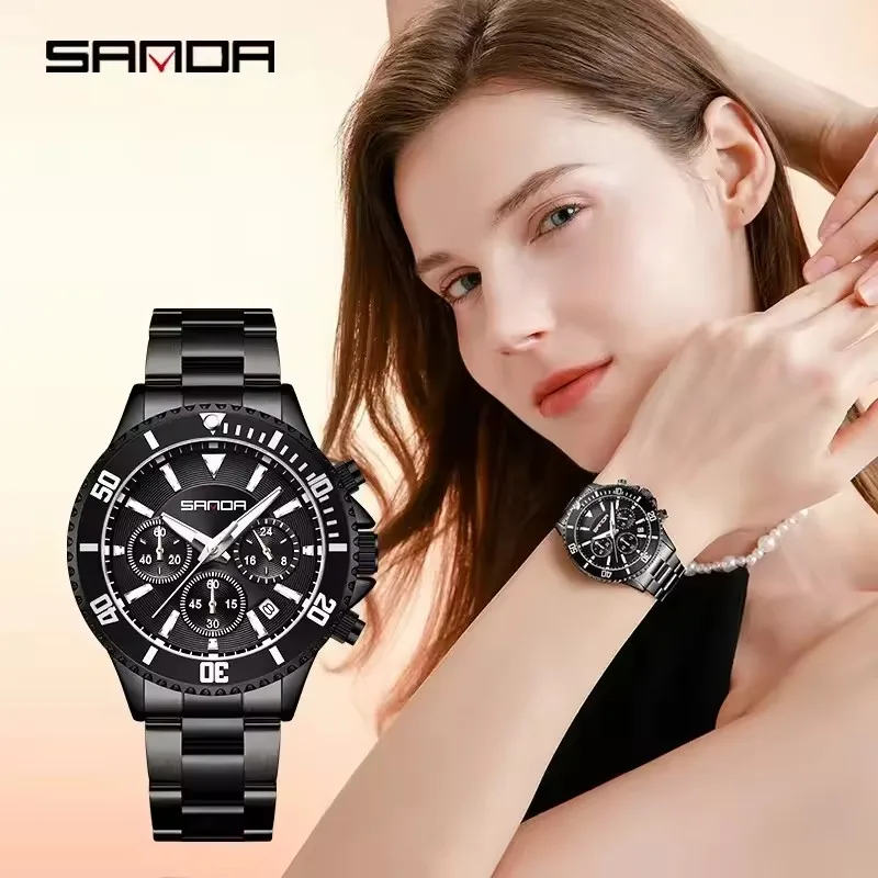 SANDA 9102 ساعة كوارتز نسائية كلاسيكية كرونوغراف تقويم ساعة مضيئة مقاوم للماء حزام من الفولاذ المقاوم للصدأ ساعة يد للسيدات