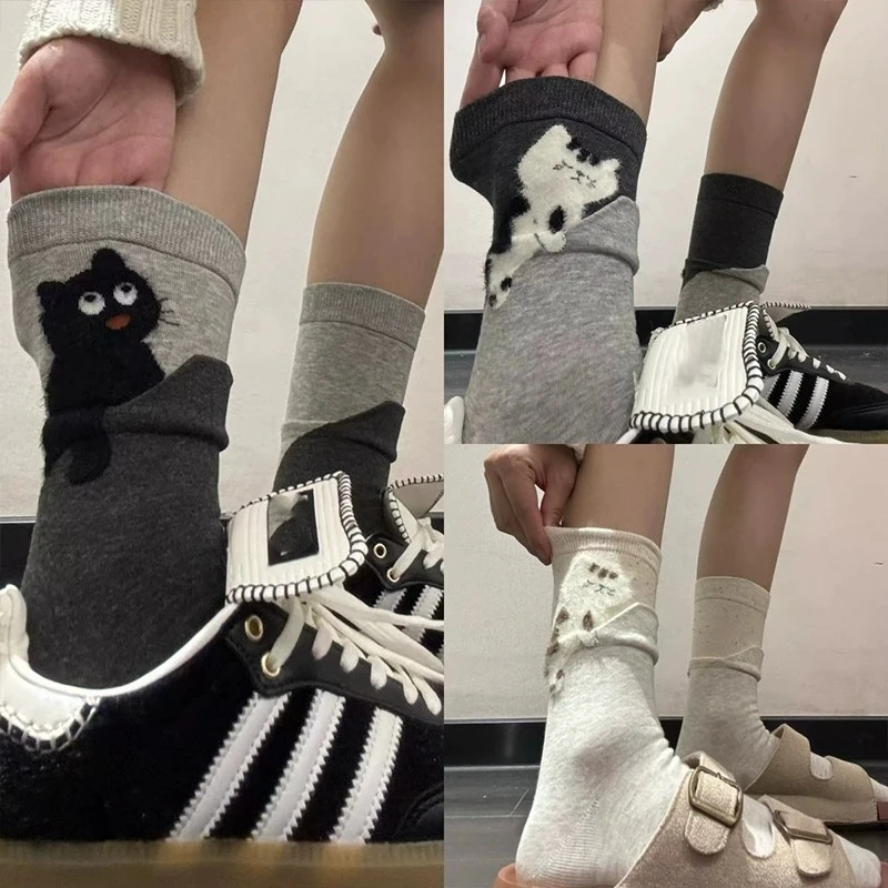 

Fashion Cartoon Kitten Printed Kitten Knee-high Socks for Autumn Winter Soft Comfortable Warm Cotton Socks for Women Stockings