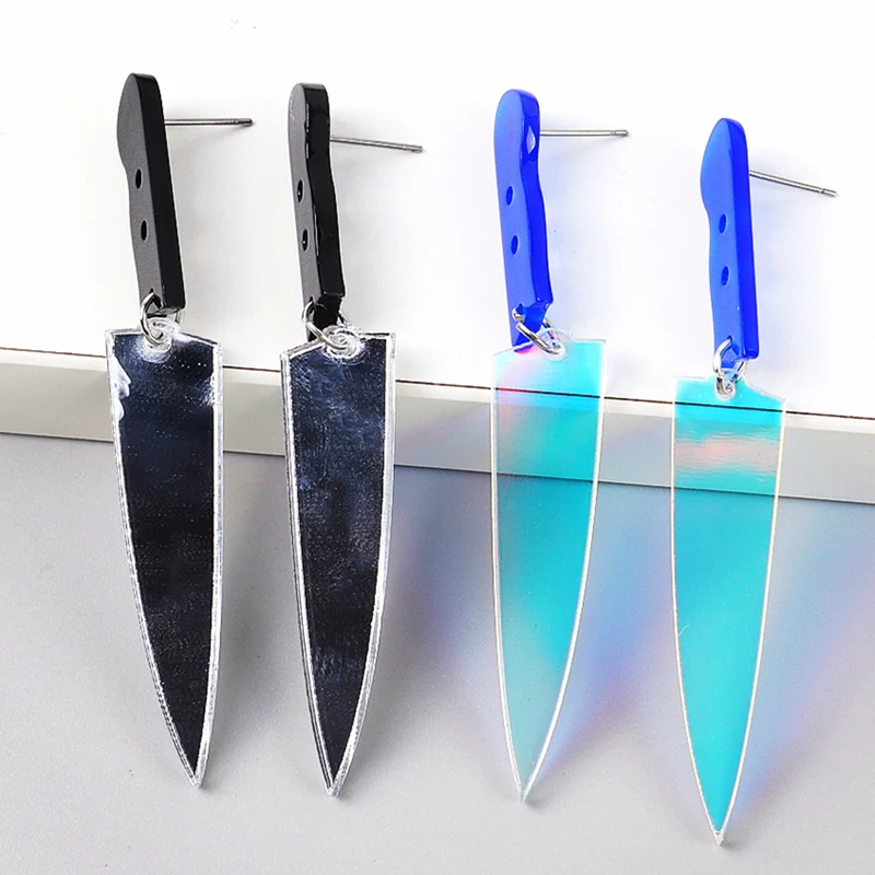 Neue Gothic Acryl Laser Verspiegelte Lange Messer Ohrringe für Frauen Übertrieben Dolch Tropfen Ohrring Punk Halloween Schmuck Geschenke