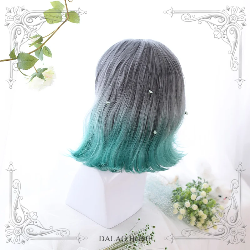 High Quality Harajuku Soft Girl Lolita Eversion Slight Roll Ink Jade Gradual Change Color Air Bangs Wig