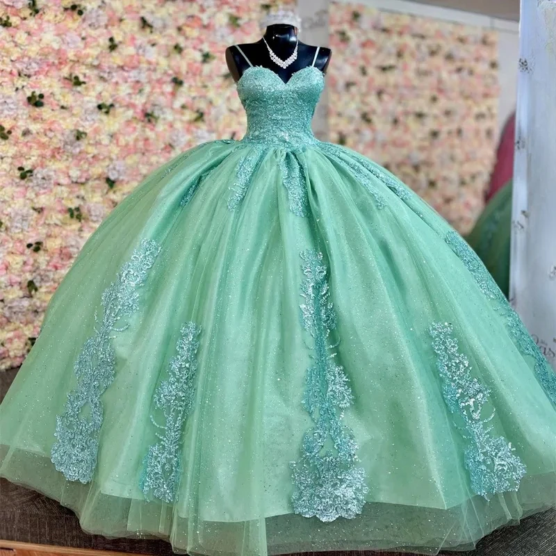 Real Pictures Mint Green Prom Dresses 16 14 Year Girls Spaghetti Strap Lace Applique vestidos de 15 años quinceañeras modernos