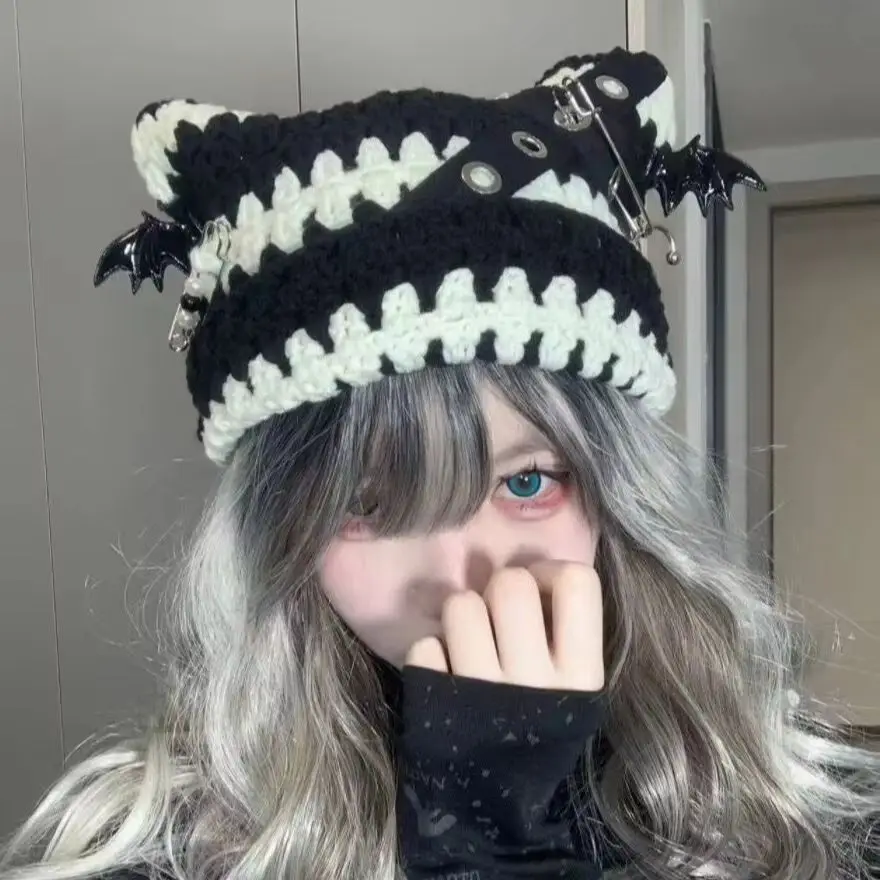 Y2K Lolita Black White Striped Hat Cute Cat Ears wings Knitted Hat Women Autumn Winter Warm Beanie Original Handmade Hats