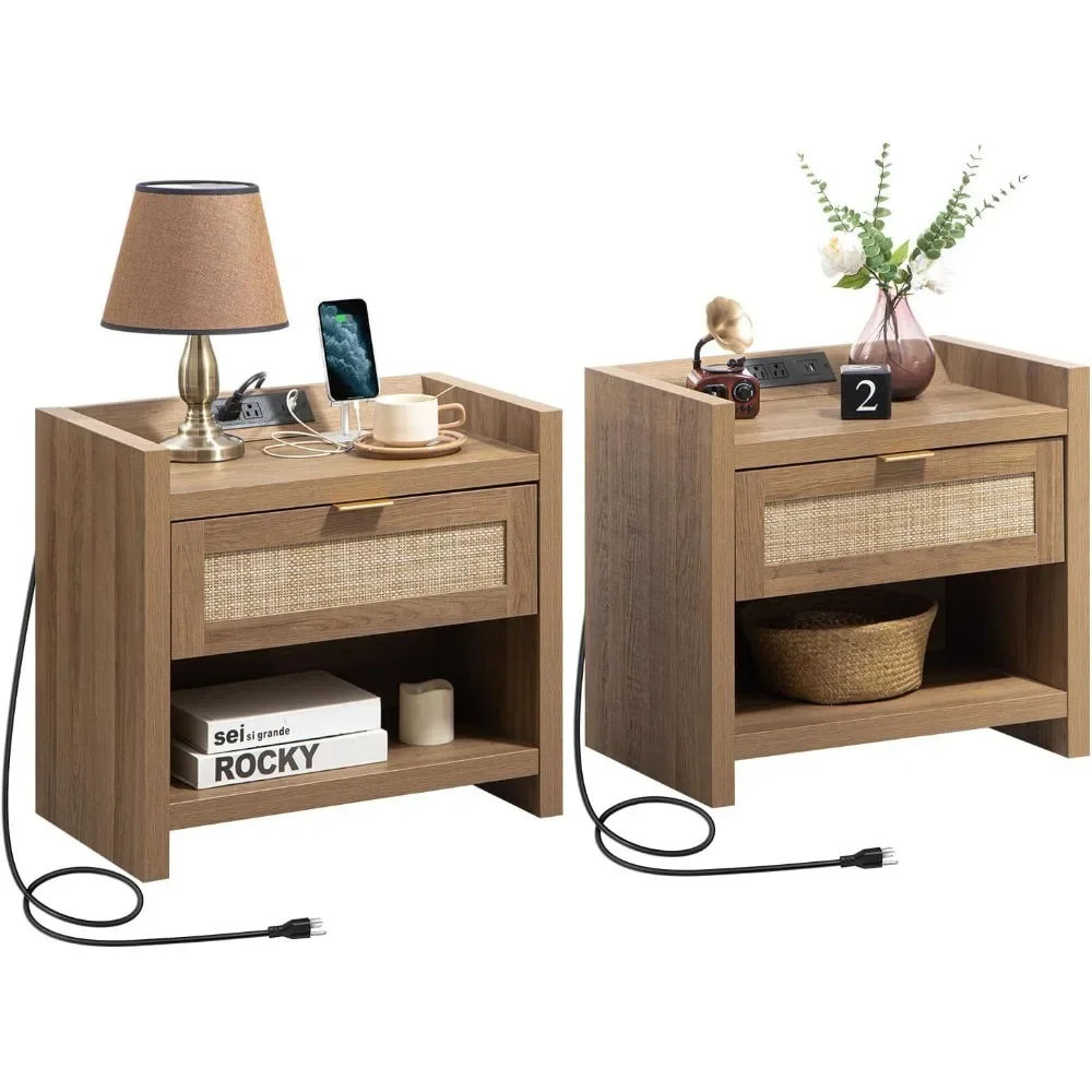 

For Night Stand Set of 2 Nightstands - Rattan Bed Side Table with Drawer Storage,Type-C Charging Station End Table - Boho