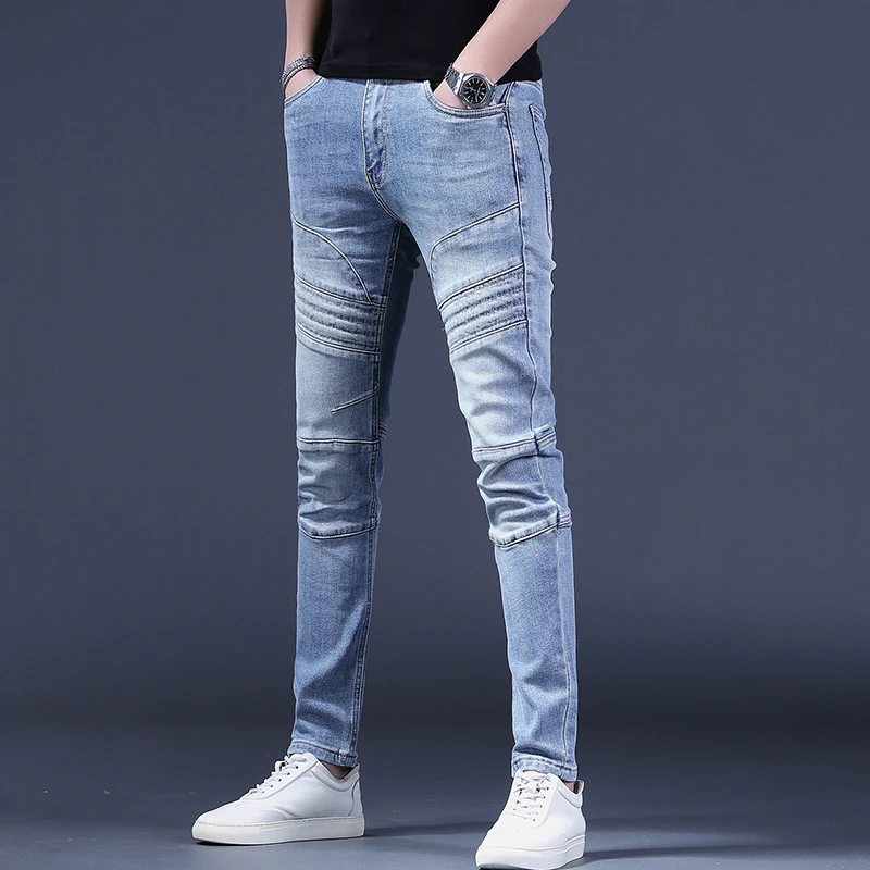 Blue Biker Men's Jeans Fashion Slim Fit Pants Streetwear Casual Patchwork Denim Trousers CP2203
