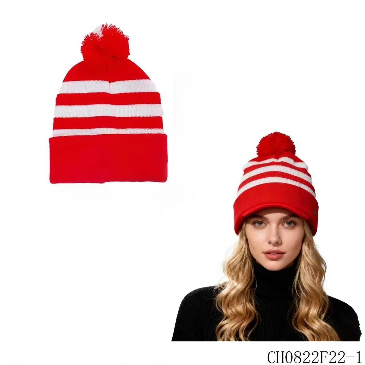 PESENAR Festliche rot-weiß gestreifte Strickmütze mit Bommel – klassisches Weihnachts-Winter-Accessoire