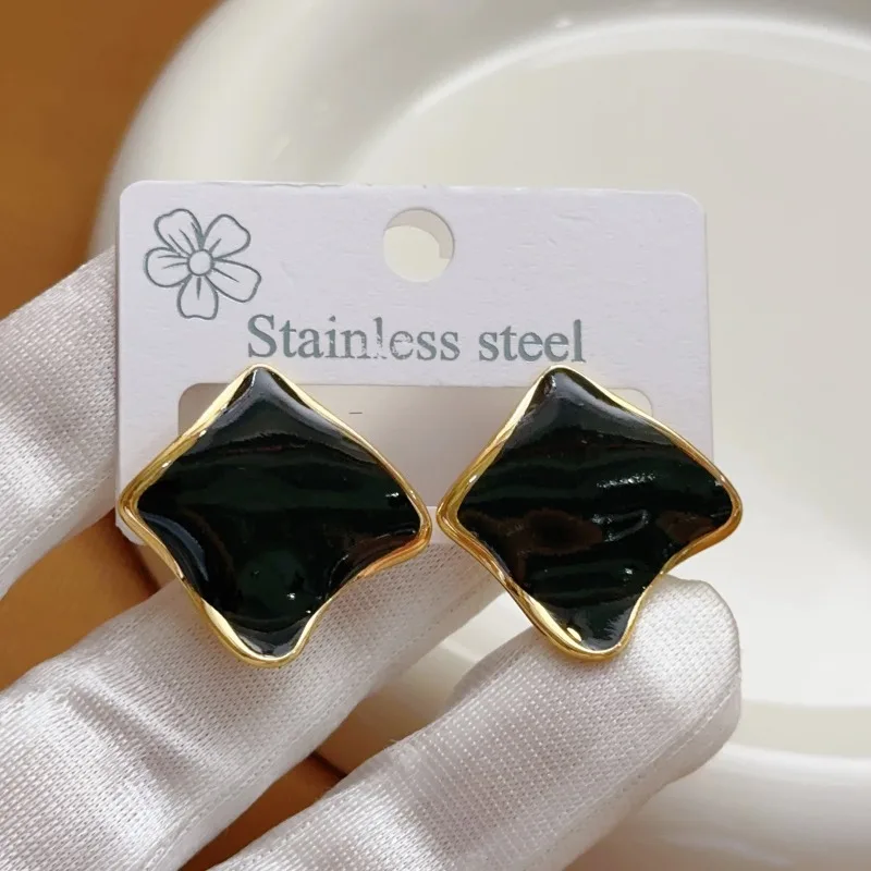 New Trendy Gold Color Stainless Steel Colored Resin Drops Irregular Square Stud Earrings for Women Jewelry Accessories Colorfast