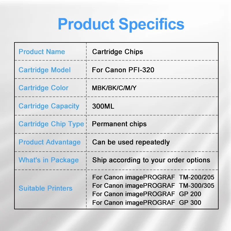 300ml For Canon PFI-320 Reusable Cartridge Chip For Canon TM-200 TM200 TM-205 TM300 TM305 TM300 TM305 Printer Chips