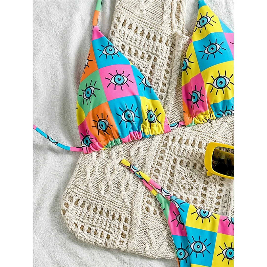 Buntes, bedrucktes Halter-Bikini-Set für Damen, zweiteiliger Badeanzug mit hohem Beinausschnitt, Badebekleidung, Badeanzug, Modell V7230. – Detail 9