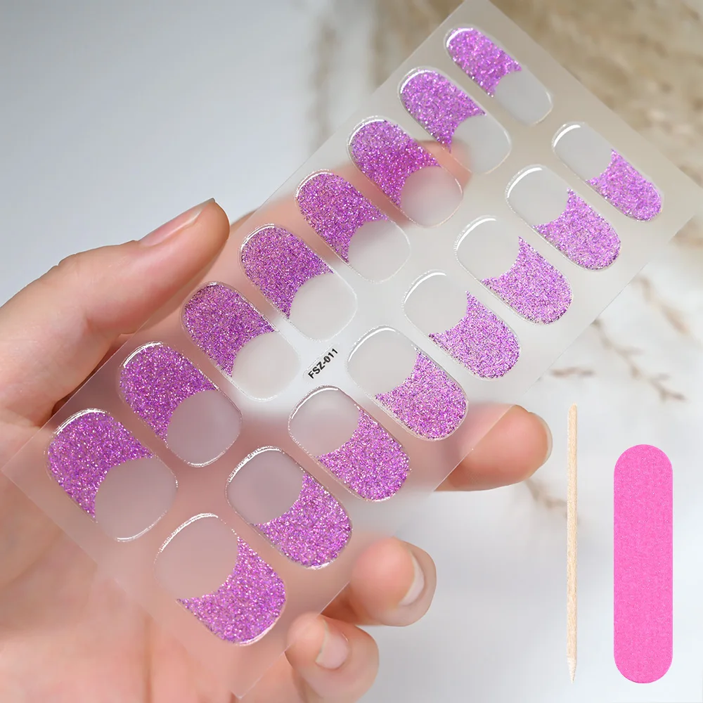 16Tips French Glitter Semi Cured Gel Nail Wraps With Nail File & Wooden Stick Holographic Gel Nail Strips UV Nail Polish Sticker