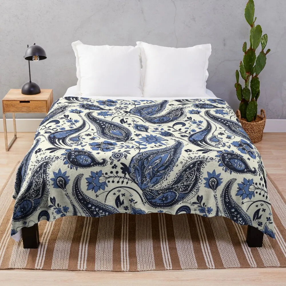 

White and Blue Paisley Pattern Throw Blanket Sofa Thin Blankets