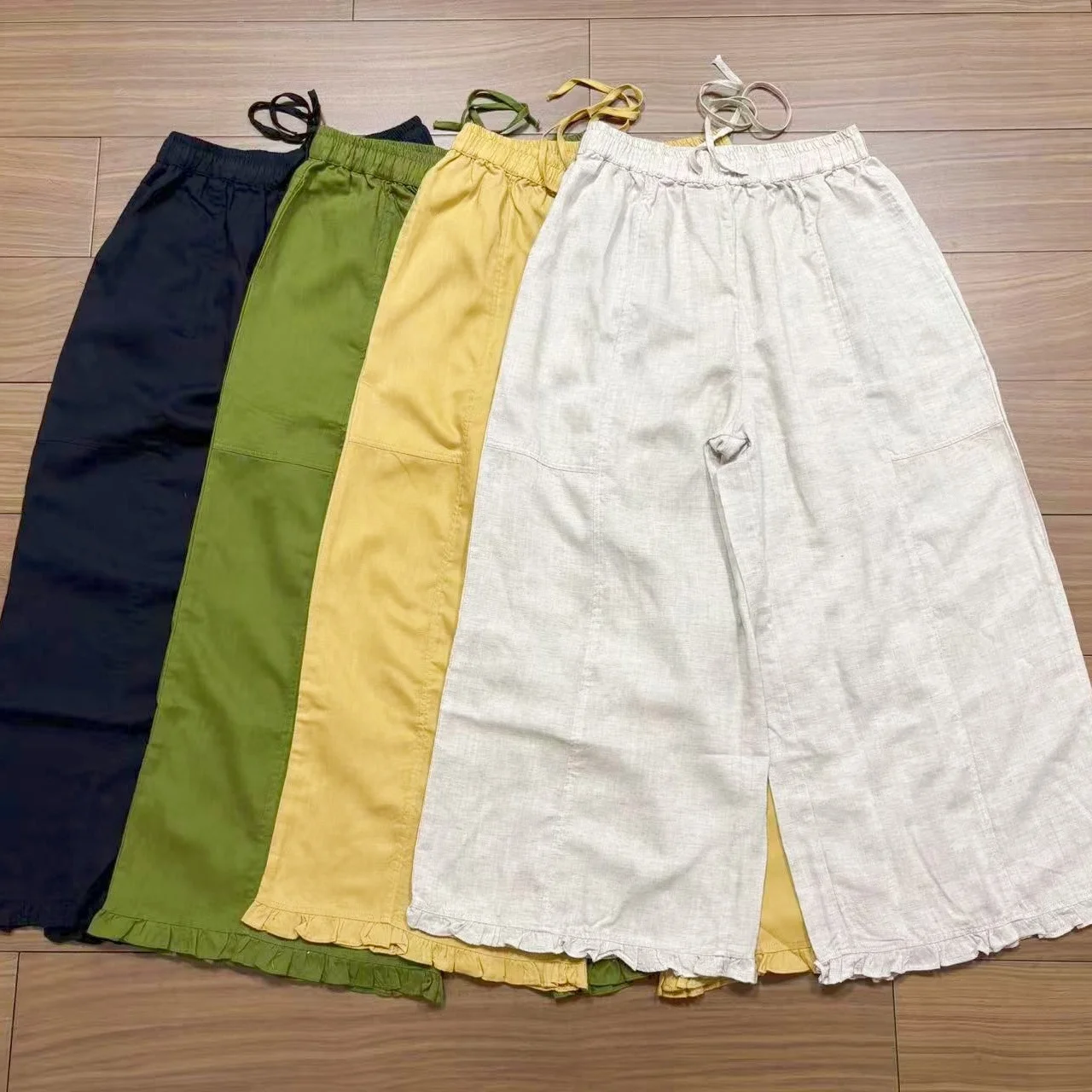 

Summer New Women's Pure Linen Straight Leg Pants Elastic Waist Wide Leg Pants Casual Comfortable Loose Fit Trousers