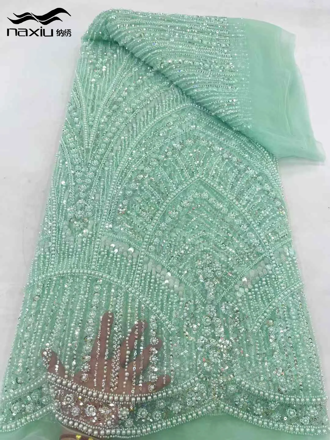 Madison High Quality African Beads Lace Fabric with Sequins Embroidery French Mesh Net Fabric for Nigeria Party Dresses 5 Yards