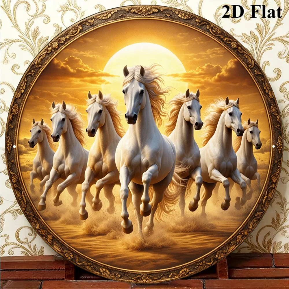 2D Flat, 1pc 8x8in/20x20cm 2D Flat Round Sign, Vintage Plaque Featuring Eight Galloping Horses, Galloping Horses Decorative Sign