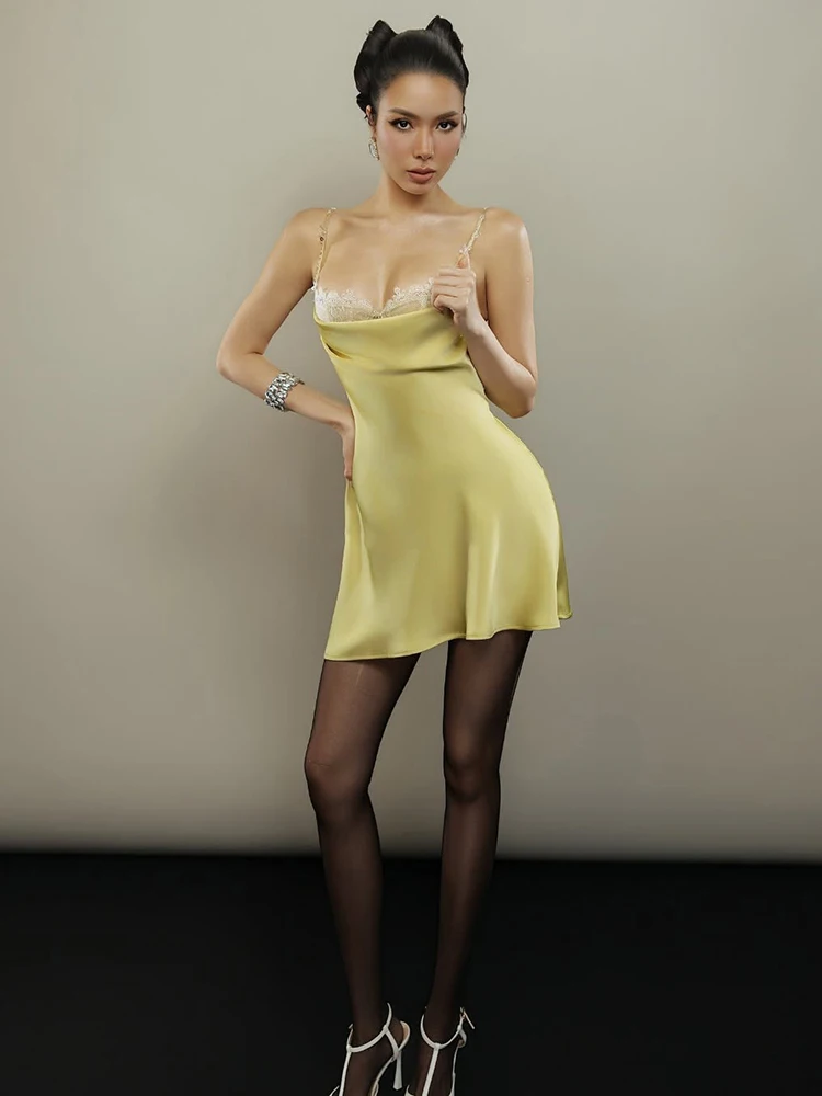 Weird Puss Strass-Dekoration Sling-Kleid Damen Spitze Patchwork Tiefer Ausschnitt Rückenfrei Geburtstagsparty Eleganter Stil Mini Bodycon – Detail 5