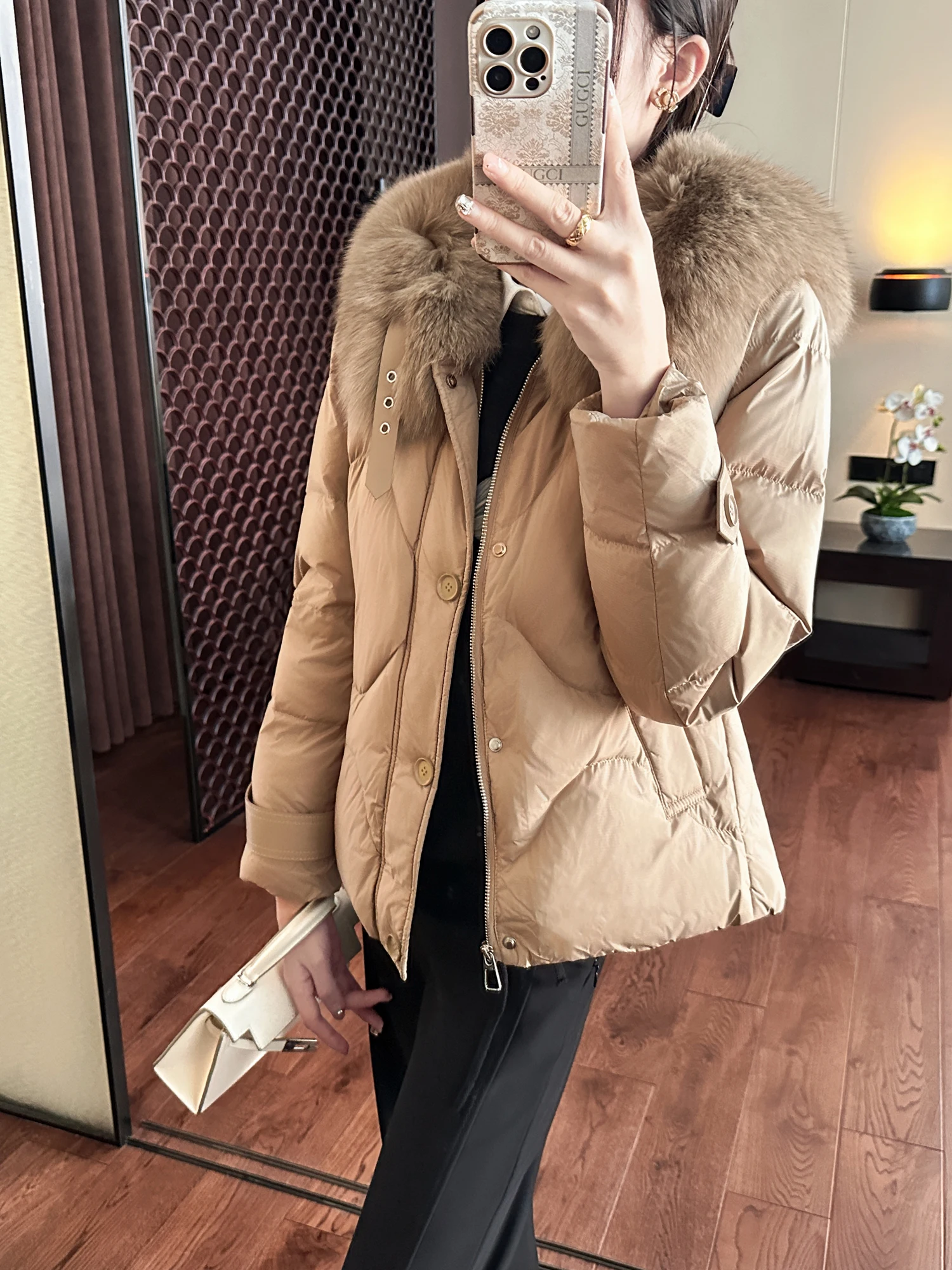 

You See Winter Warm Light Fluffy White Goose down Jaet Coat with Fur Collar Commuter Sle Regular Fit Long Sve Zipper