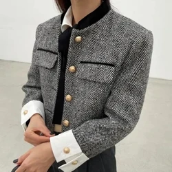 Biyaby Metal Button Stand Collar Jackets for Women Korean Style Pockets Plaid Coat Woman 2024 Spring Long Sleeve Cropped Jacket