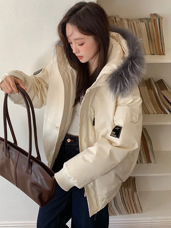 

Женская хлопковая куртка, зимняя теплая верхняя одежда, повседневная свободная посадка с рукавами для колледжа, универсальная застежка-молния с капюшоном