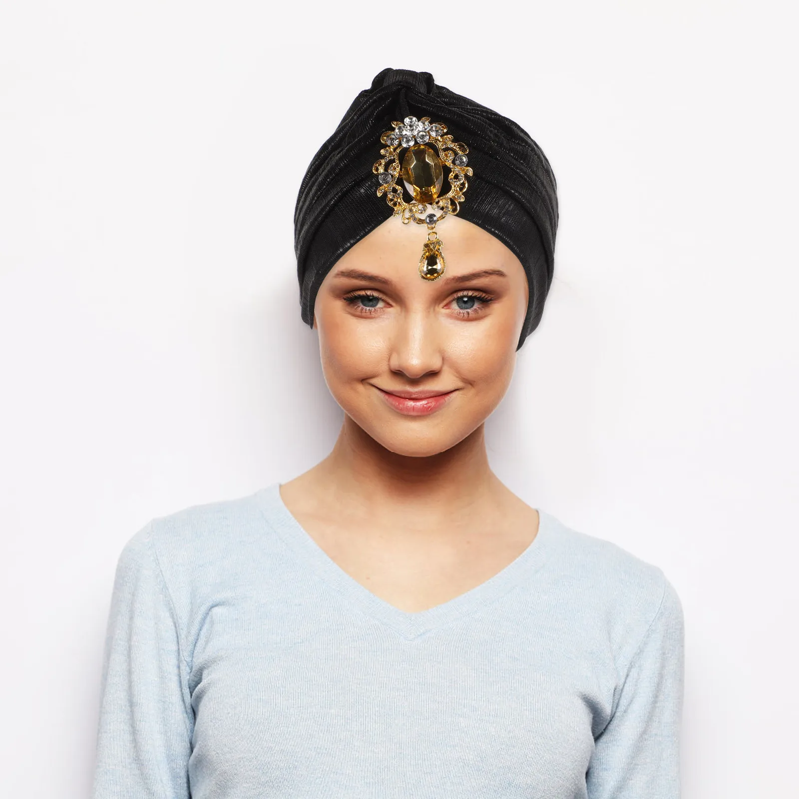 Alloy Rhinestone Black Turban Hat Unique Pleated Design Elegant Women Headwrap for Evening Wedding Prom Rhinestone Beanie Womens