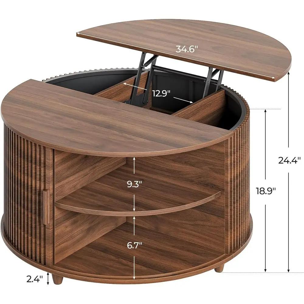 Walnut Curved Sliding Door Coffee Table with Hidden Storage for Living Room & Office, 34.6 Modern Design