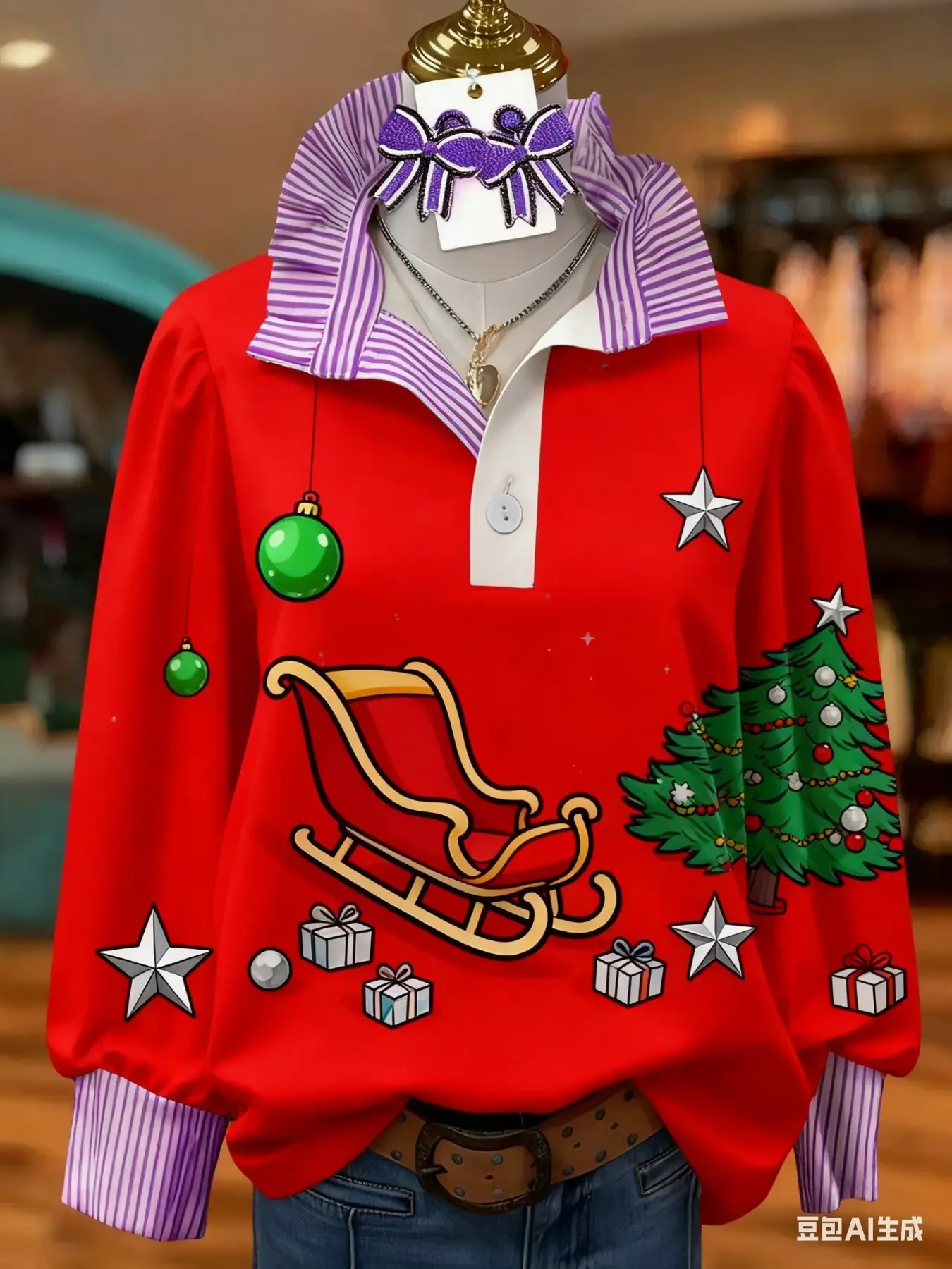 Women's winter holiday printed button up cardigan - long sleeved stand up collar pullover,