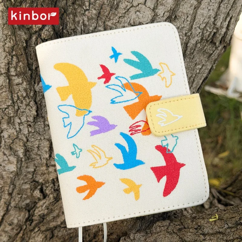 Kinbor A6 Undated Planner With Canvas Cover,Embroidered Flying Bird Journal,Refillable Loose-Leaf Notebook Healing Hand Account