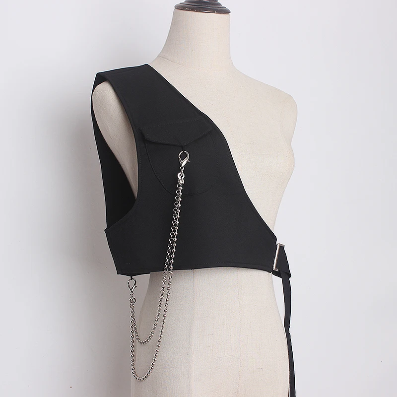 Single shoulder waistcoat female fashion chain loose all-match black fashion vest outwear