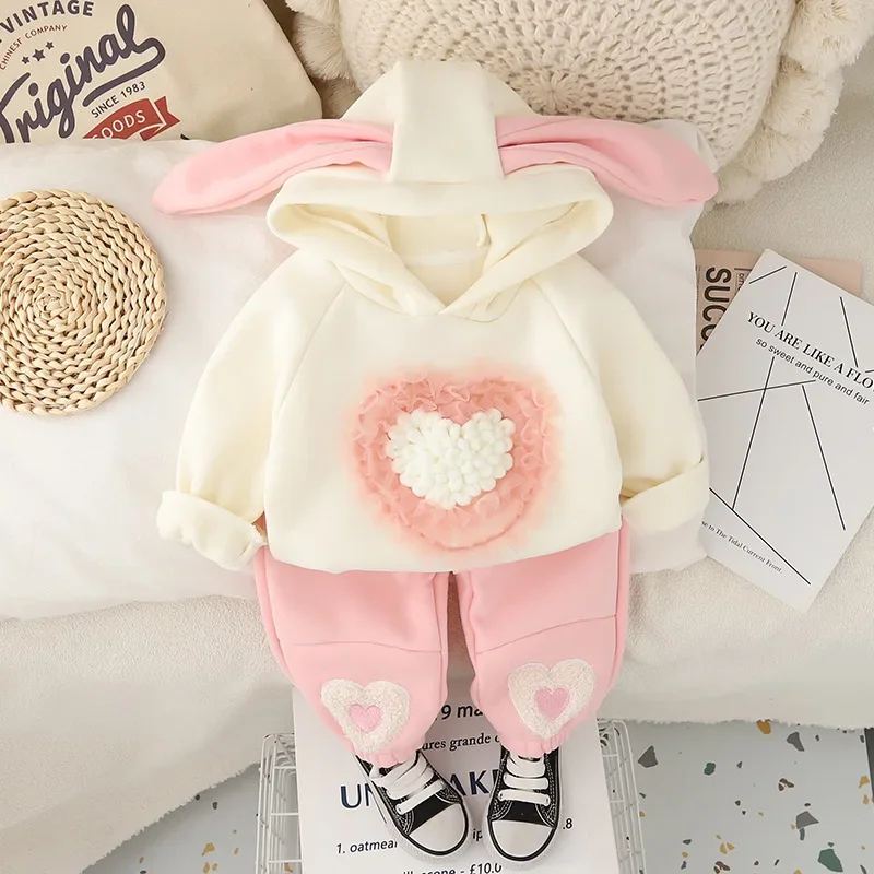 baby girl clothes Girls Sets Cute autumn and winter children's clothing for girls sweet and caring ears, hooded and plush set