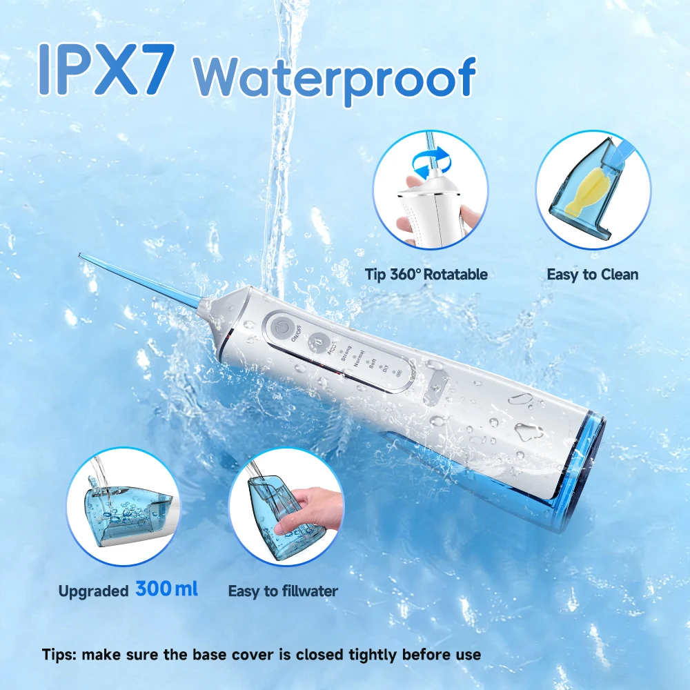 

Portable Oral Irrigator with 5 Jet Tips , 4 Cleaning Modes of 3 water pressure , 300ml Water Tank IPX7 Waterproof Water Flosser