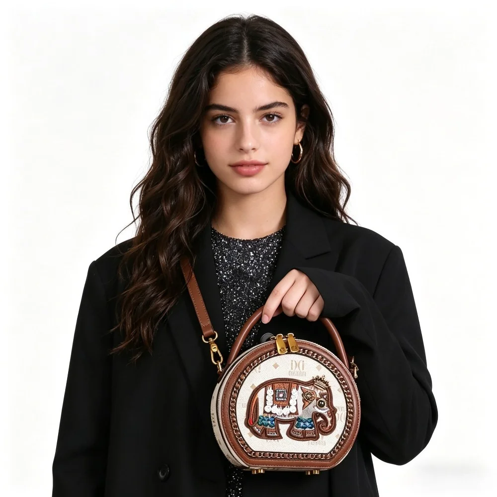 

2026 New Retro Elephant Embroidery Round Bag Women Handbag Crossbody Small Circle Bag Unique Design Shoulder Purse