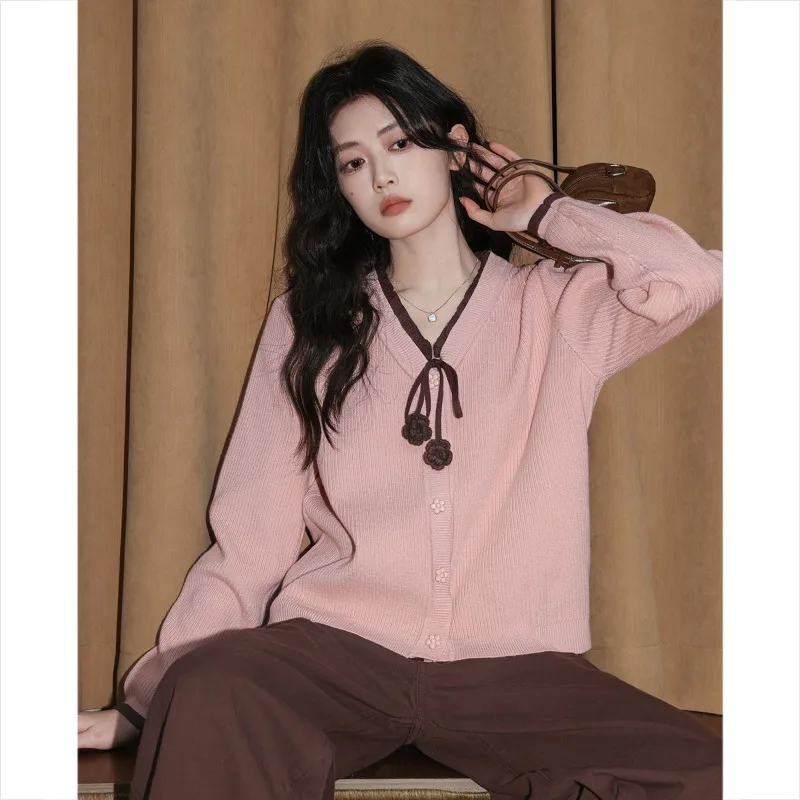 Women Spring Autumn V Neck Fake Two Piece Knit Cardigan Contrast Color Tie Short Sweater Coat Casual Top