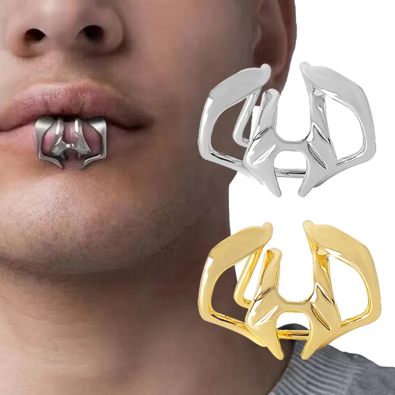 Gothic Geometrischer Bestienzahn Metall-Lippenclip-Set ohne Piercing für Männer und Frauen, Hip-Hop-Ohrringe, Party-Individualität, Gesichtsaccessoires